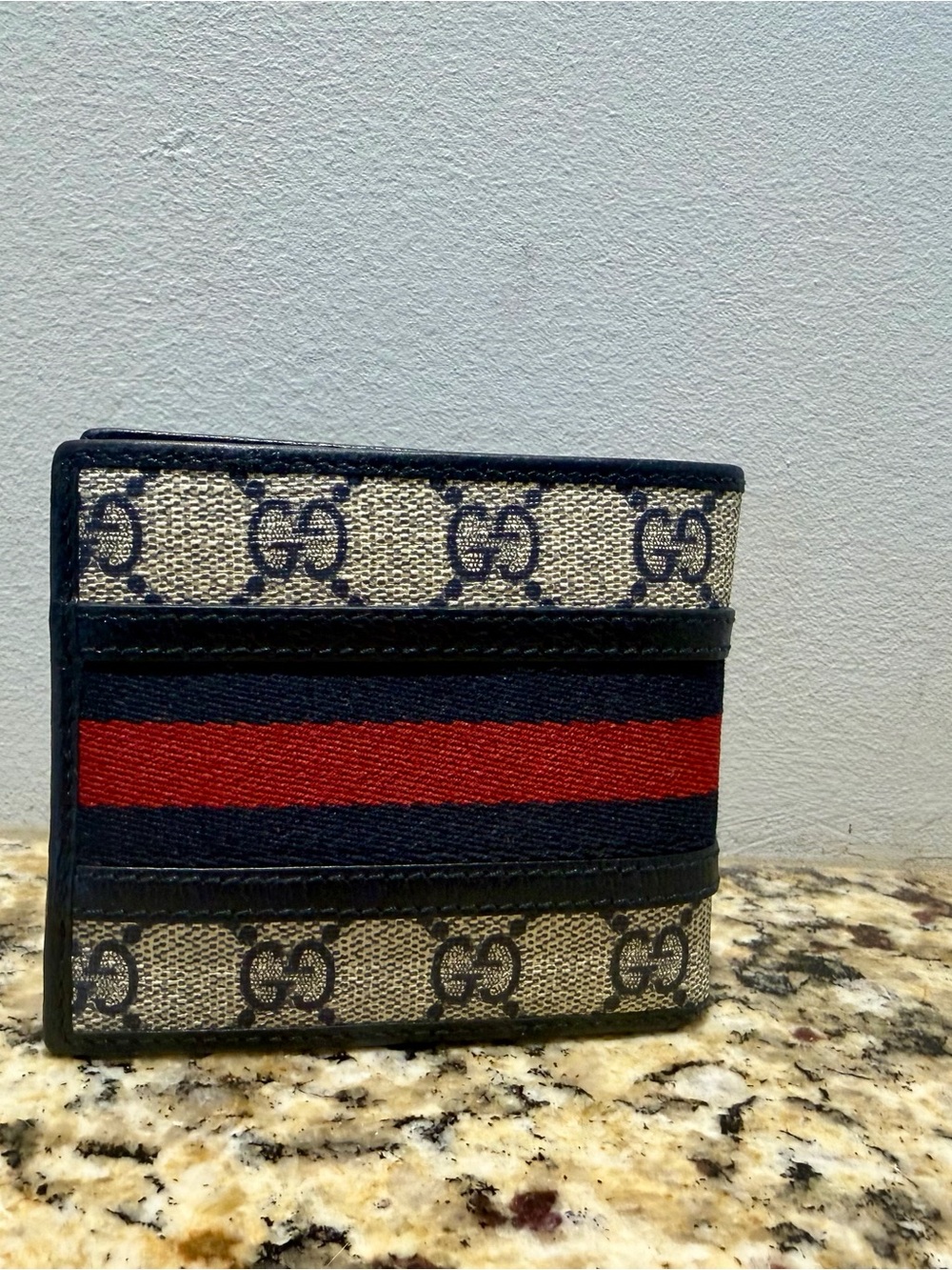 Gucci Beige GG Canvas Wallet with Navy & Red Stripe and Silver GG - Picture 3 of 6